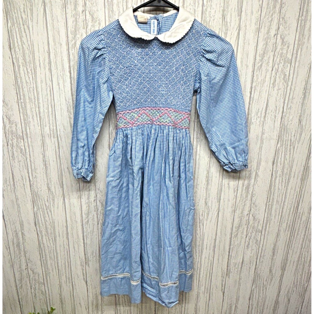 Vive La Fete Girls Size 7 Blue White Gingham Smocked Collared Midi Dress